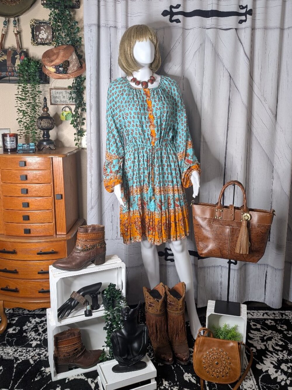 Boho Mini Dress Black Paisley Print L/S Tassel Tie Waist Size XL NWOT